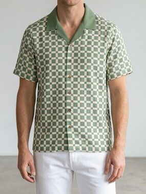 BOGEY BOYS by Macklemore, Tile Button Up Collar Shirt, Green/White, Size SM,NWOT